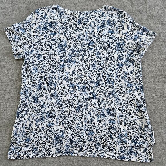 Artisan NY Top L Womens White Navy Floral SS Round Neck Office Casual Linen Boho - Picture 10 of 12